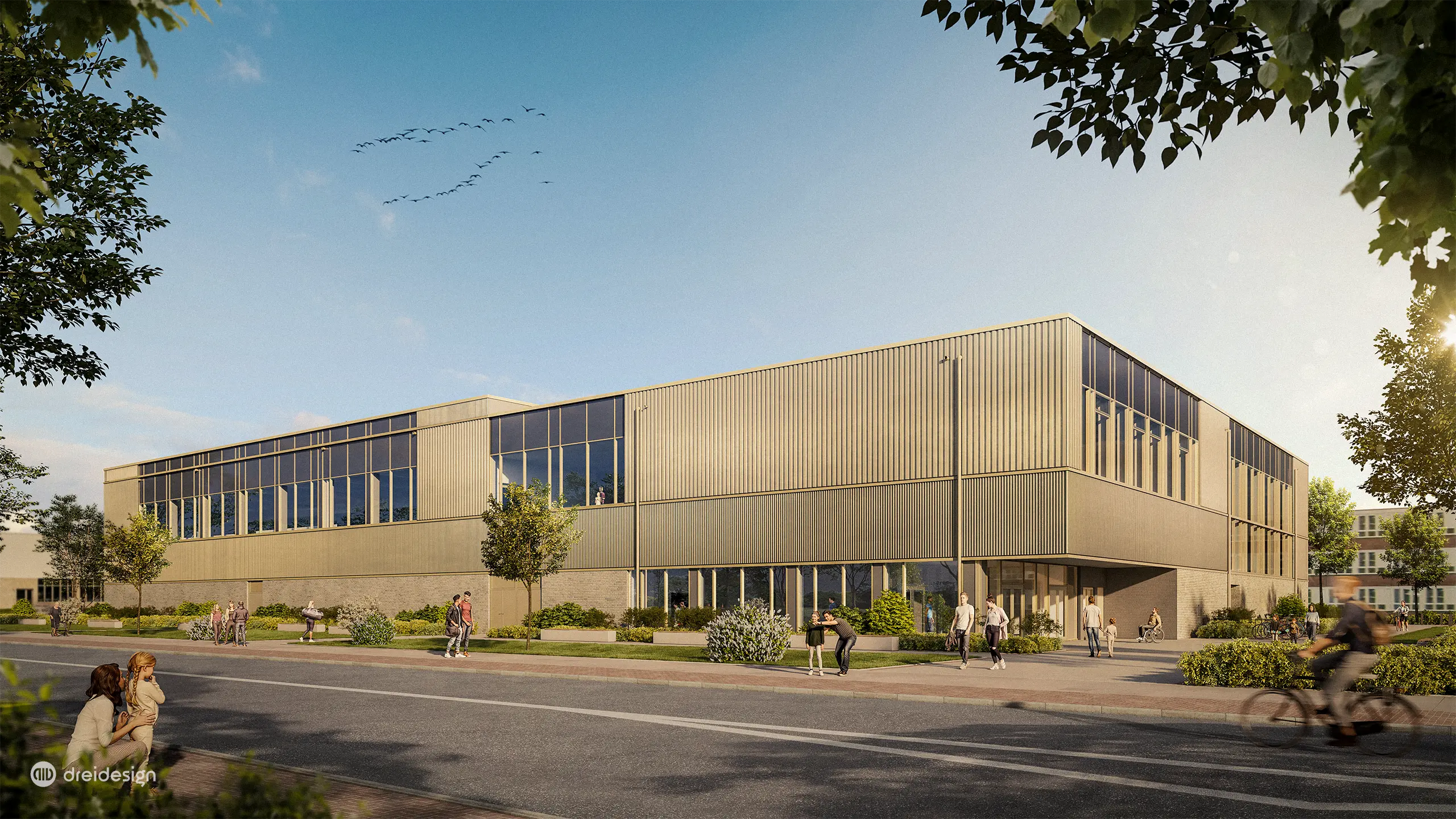 Sporthalle in Cuxhaven. Fotorealistische 3D Visualisierung von dreidesign. Architektur von mro